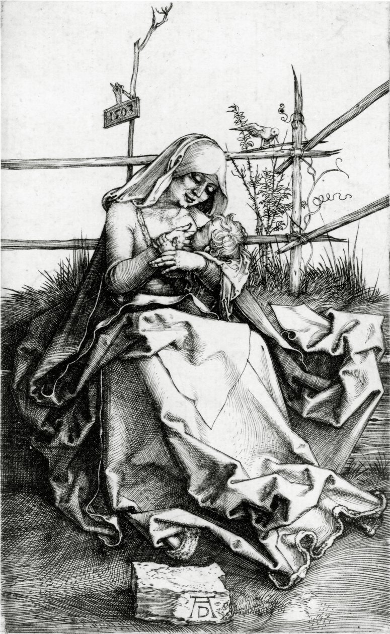 Jomfru og barn sitter på en gressbenk av Albrecht Dürer