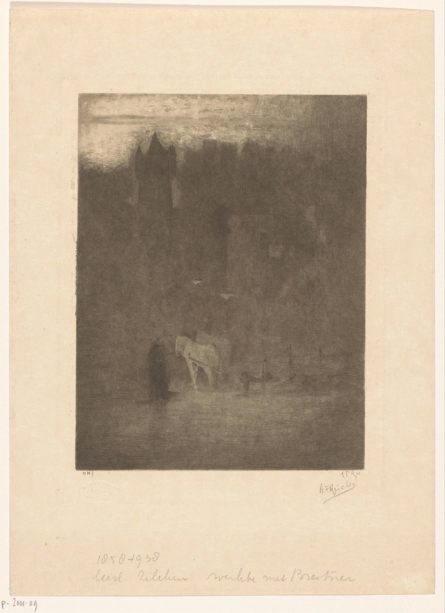 Figur og to hester på et slott i tåken av Albrecht Felix Reicher (signed by artist)