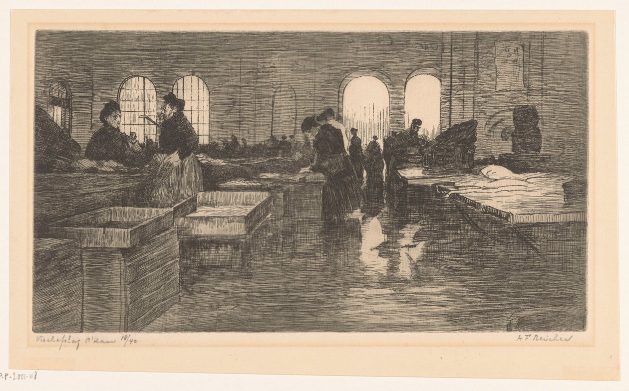 Interiør av Vismarkt på Nieuwmarkt i Amsterdam Amsterdam fiskeauksjon (original tittel på objektet) av Albrecht Felix Reicher (signed by artist)