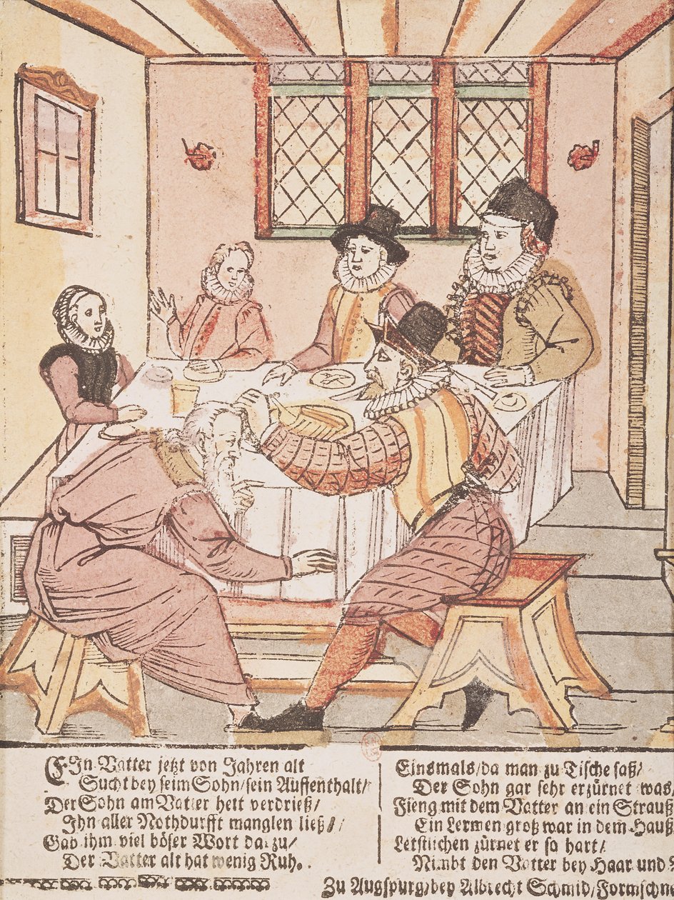 En far mishandlet av sin sønn (farget tresnitt) av Albrecht Schmid