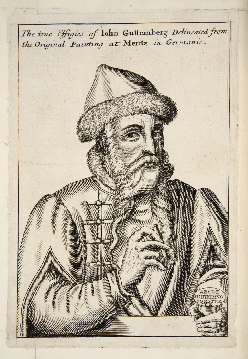 John Guttemberg, fra Mechanick Exercises: or The Doctrine of Handy-Works used to the Art of Printing, pub. 1683 av Albrecht after Mentz