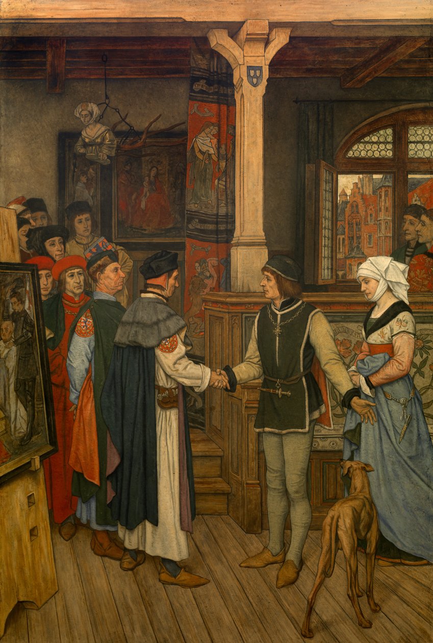 The Magisters in the Workshop of Jan van Eyck, ca. 1895-1900 (veggmaleri) av Albrecht de Vriendt