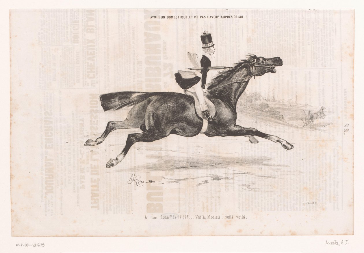 Jongeman op galopperend paard Å ha en tjener, og å ikke ha ham hos deg..! (tittel på objekt) Kleine geneugten van het paardrijden (serietittel) De små gledene ved ridning (serietittel på objekt) av Alcide Joseph Lorentz