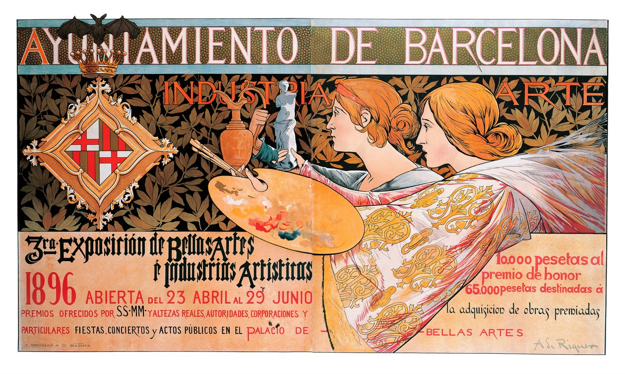 Plakat for den tredje "Exposition of Fine Arts and artistic industries" i Barcelona i 1896 - Litografi av Alexandre de Riquer i Ynglada (1856-1920) av Alejandro de Riquer