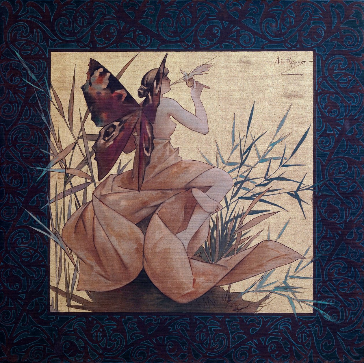 Komposisjon med en bevinget nymfe mellom sivet - Maleri av Alexandre de Riquer i Ynglada (1856-1920) av Alejandro de Riquer