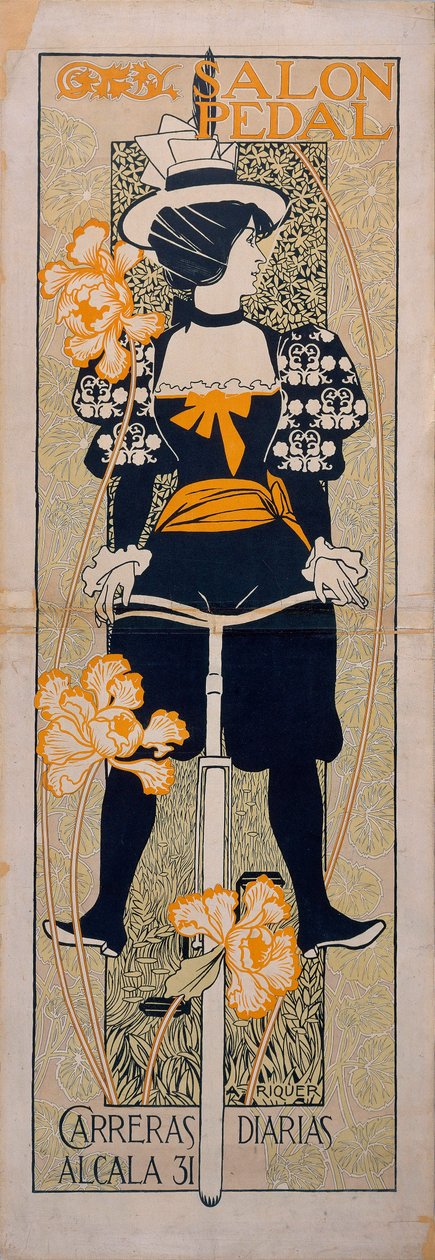 ""Salon Pedal"" Annonse for en sykkelbane i Malaga (Spania) - Litografi av Alexandre de Riquer i Ynglada (1856-1920) av Alejandro de Riquer