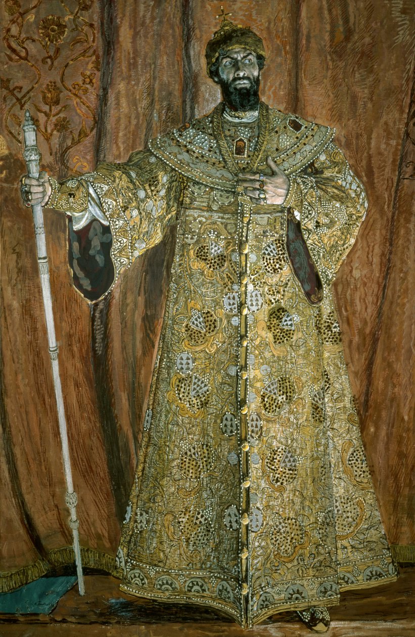 Portrett av Feodor Ivanovich Chaliapin (1873-1938) som Boris Godunov, 1912 (gouache, pastell, kritt og gull på lerret) av Aleksandr Jakovlevic Golovin