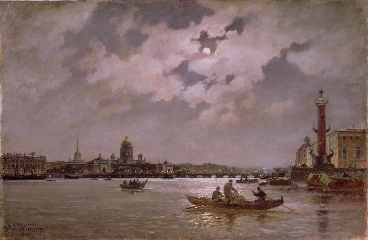 Utsikt over Neva og Admiralteyskaya-vollen ved måneskinn, 1882 av Aleksandr Karlovich Beggrov