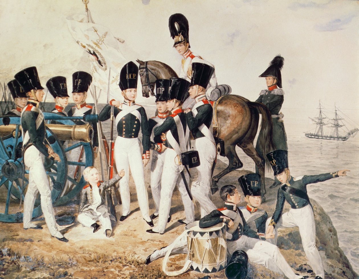 Tsarevich Alexander (1818-81) med sine kadetter ved Peterhof, ca. 1823 av Aleksandr Pavlovich Bryullov