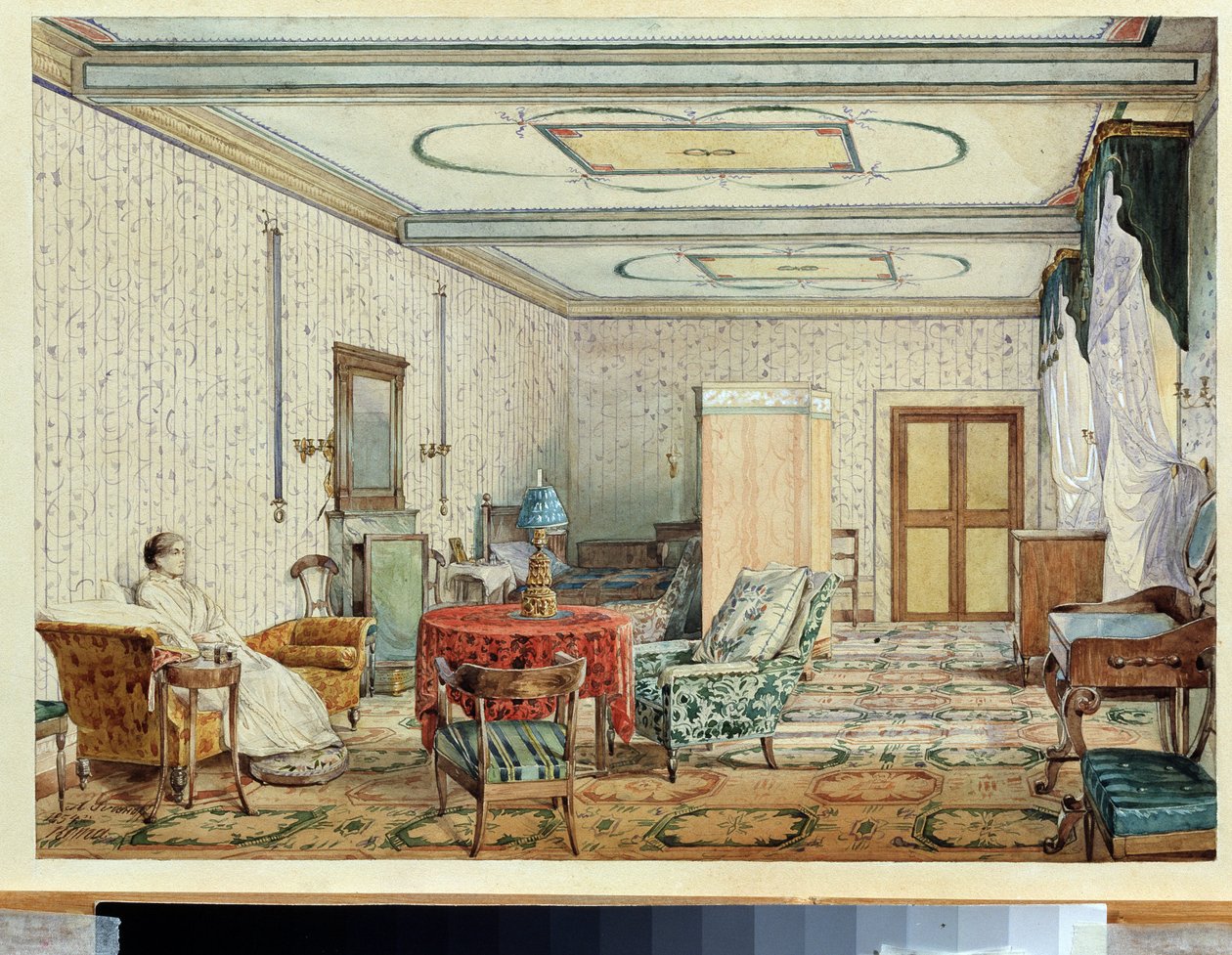 Interiør (interiør). Verk av Alexander Andreyevich Ivanov (1806-1858), akvarell og hvitt på papir, russisk kunst fra 1800-tallet. Statens kunstmuseum, Nizhny Novgorod (Russland) av Aleksandr Andreevich Ivanov
