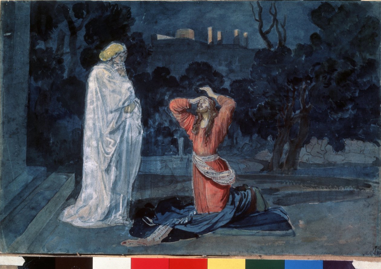 Jesus i Oljehagen (eller Getsemane-hagen) (Jesus i Getsemane-hagen). Verk av Alexander Andreyevich Ivanov (1806-1858), akvarell på papir, ca 1840. Russisk kunst fra 1800-tallet. Statens Tretyakov-galleri, Moskva (Russland). av Aleksandr Andreevich Ivanov