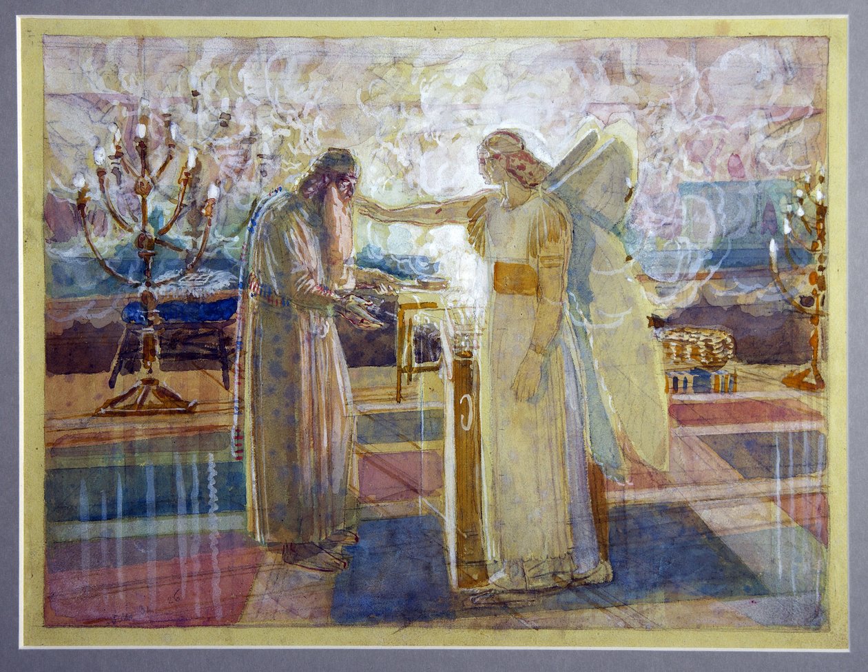 Erkeengelen Gabriel slår Zacharias dum - Verk av Alexander Andreyevich Ivanov (1806-1858), akvarell og hvitt på papir (26,2x39,9 cm), sent i 1840 - (Erkeengel Gabriel slår Zacharias dum, akvarell og hvitt på papir av Alexander Andreyevich Ivanov) av Aleksandr Andreevich Ivanov
