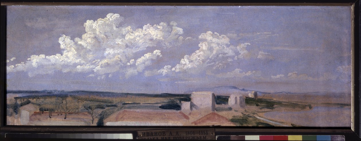 Skyer over havkysten. Landskap med noen få hus langs kysten, toppet av store hvite skyer. Verk av Alexander Andreyevich Ivanov (1806-1858), olje på papir av Aleksandr Andreevich Ivanov