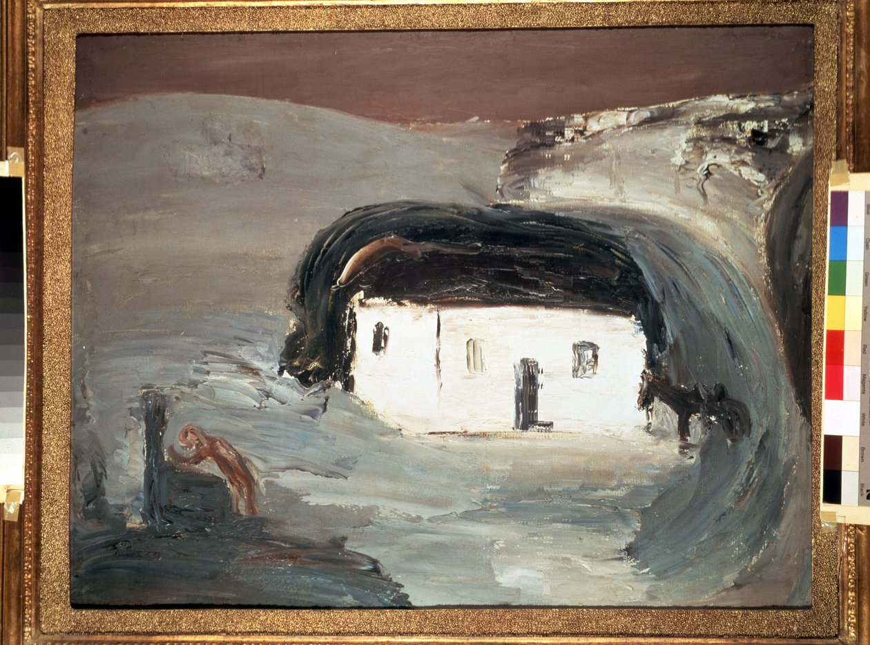 Paysage avec une maison blanche (Landscape with a white house). Peinture de Alexander Davidovich Drevin (1889-1938). Huile sur toile, 74 x 92 cm   1323569   no       norwegian Successfully Translated  Original: Eight small drawings, including portrait, fig av Aleksandr Davidovic Drevin