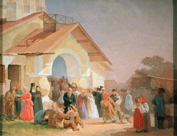 Kommer ut av en kirke i Pskov, 1863-64 av Aleksandr Ivanovich Morozov