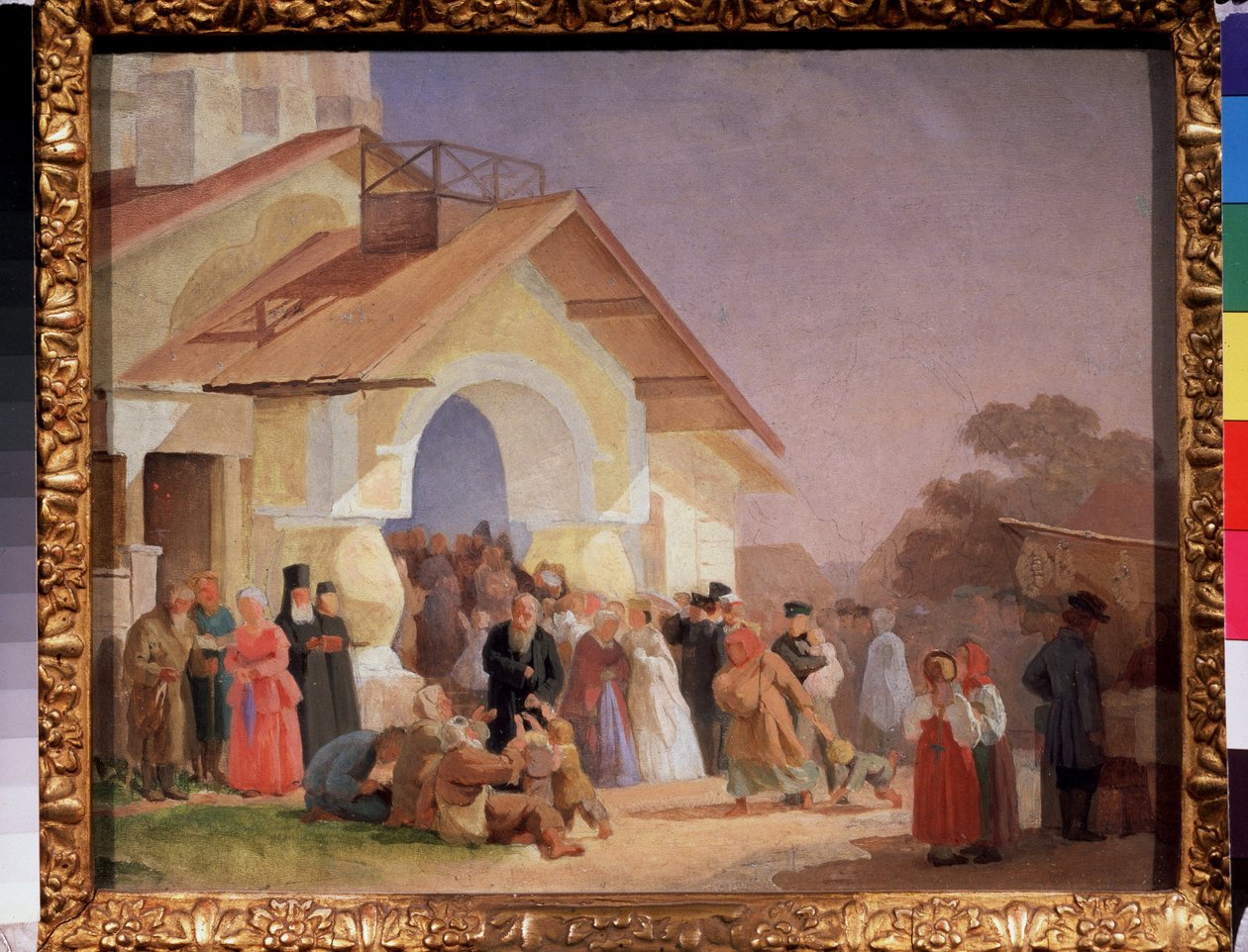 Kommer ut av en kirke i Pskov (Russland). Maleri av Alexander Ivanovich Morozov (1835-1904), olje på lerret av Aleksandr Ivanovich Morozov