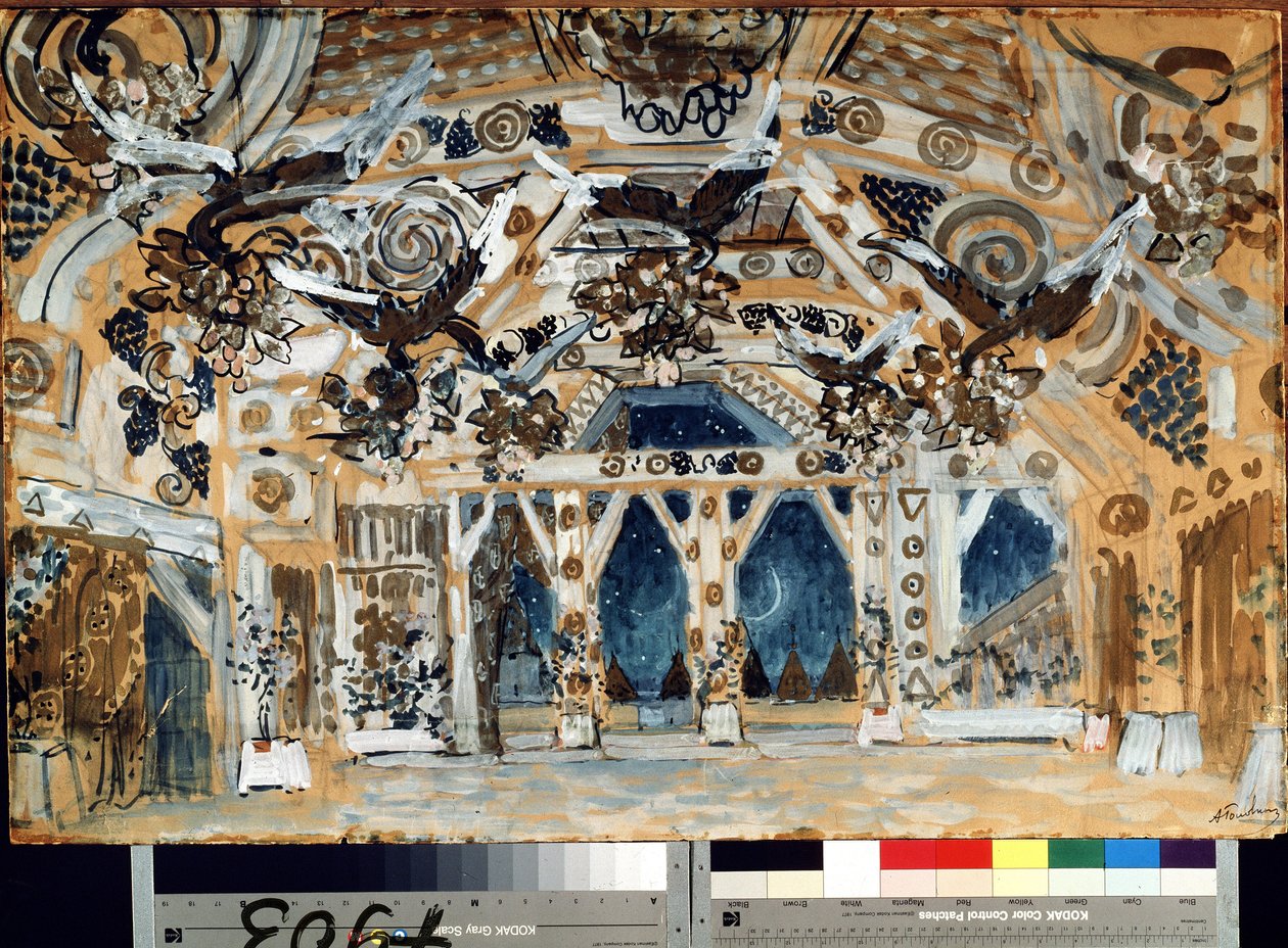 Decor pour la piece de theater La Dame de la mer de Henrik (Henri) Johan Ibsen (1828-1906) (Scenedesign til teaterstykket Fruen fra havet av H. Ibsen). Oeuvre av Alexander Yakovlevich Golovin (Alexandre Golovine) (1863-1930), pastell på kartong av Aleksandr Jakovlevic Golovin