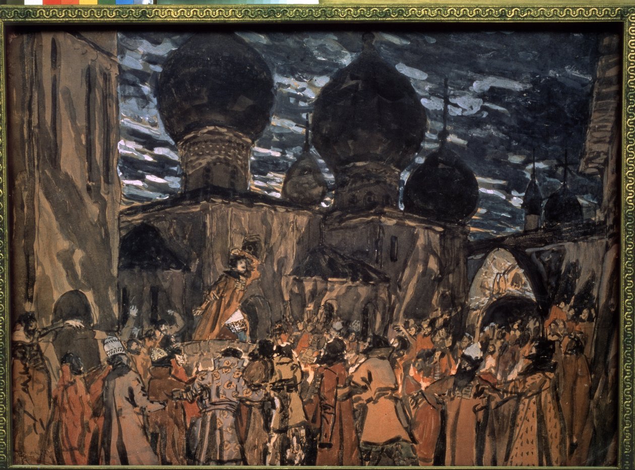 Sett til operaen The Pskov Maiden av Nicholas Rimsky-Korsakov (1844-1908) (Scenedesign for operaen The Pskov Maiden av N. Rimsky-Korsakov). Verk av Alexander Yakovlevich Golovin (Al av Aleksandr Jakovlevic Golovin