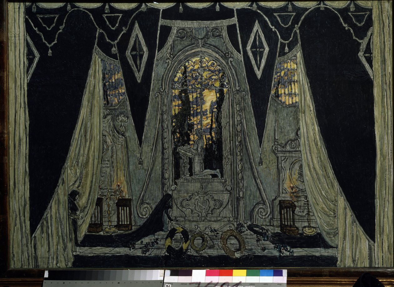 Dekor for operaen ""Le guest de pierre"" av Alexandre Dargomyjski (1813-1869) (Scenedesign for operaen The stone Guest av A. Dargomyzhsky). Verk av Alexander Yakovlevich Golovin (Alexander Golovin) (1863-1930), olje på tre av Aleksandr Jakovlevic Golovin