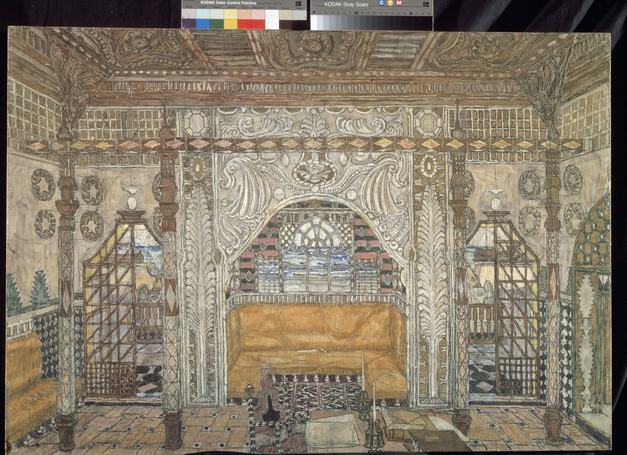 Dekorpreparatoire for stykket ""Othello"" av William Shakespeare (1564-1616) (Scenedesign for stykket Othello av William Shakespeare) - Peinture de Alexander Yakovlevich Golovin (Alexandre Golovine) (1863-1930), tempera sur bois av Aleksandr Jakovlevic Golovin