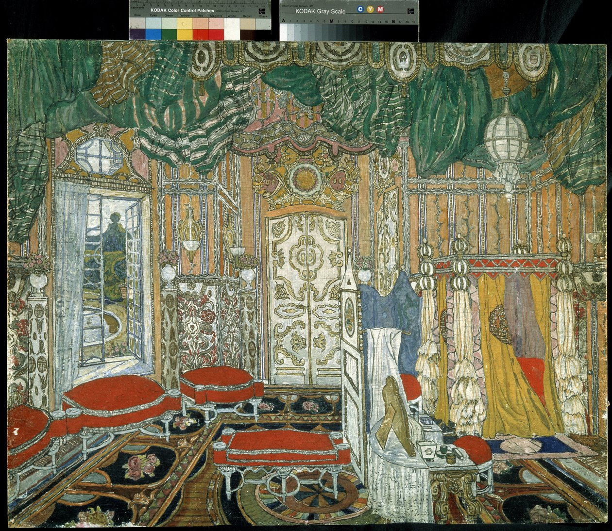 Forberedende dekor for teaterstykket Figaros bryllup av Pierre Augustin Caron de Beaumarchais (1732-1799) (Scenedesign for teaterstykket Figaros bryllup av P. de Beaumarchais). Maleri av Alexander Yakovlevich Golovin (Alexander Gol av Aleksandr Jakovlevic Golovin