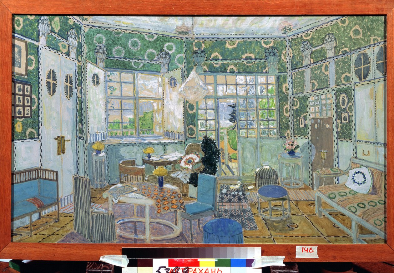 Forberedende dekor til stykket le petit Eyolf av Henrik (Henri) Johan Ibsen (1828-1906) (Scenedesign til Teaterstykket Lille Eyolf av H.Ibsen). Verk av Alexander Yakovlevich Golovin (Alexander Golovin) (1863-1930), akvarell på papp av Aleksandr Jakovlevic Golovin