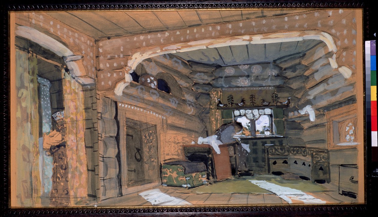 Forberedende sett til operaen The Pskov Maiden av N.Rimsky Korsakov (Rimsky-Korsakov) (1844-1908). Beskrivelse av interiøret i en av Aleksandr Jakovlevic Golovin