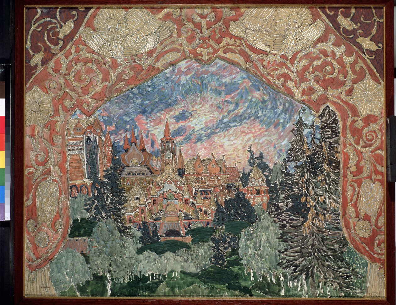 Forberedende dekor for operaen The Magic Mirror av Arseny Korechchenko (1870-1921) (Scenedesign for operaen The Magic Mirror av A.Koreshchenko). Beskrivelse av en russisk by i skogen, innrammet av dekorerte gardiner. Kunstverk av Alexander Yakovlevich av Aleksandr Jakovlevic Golovin