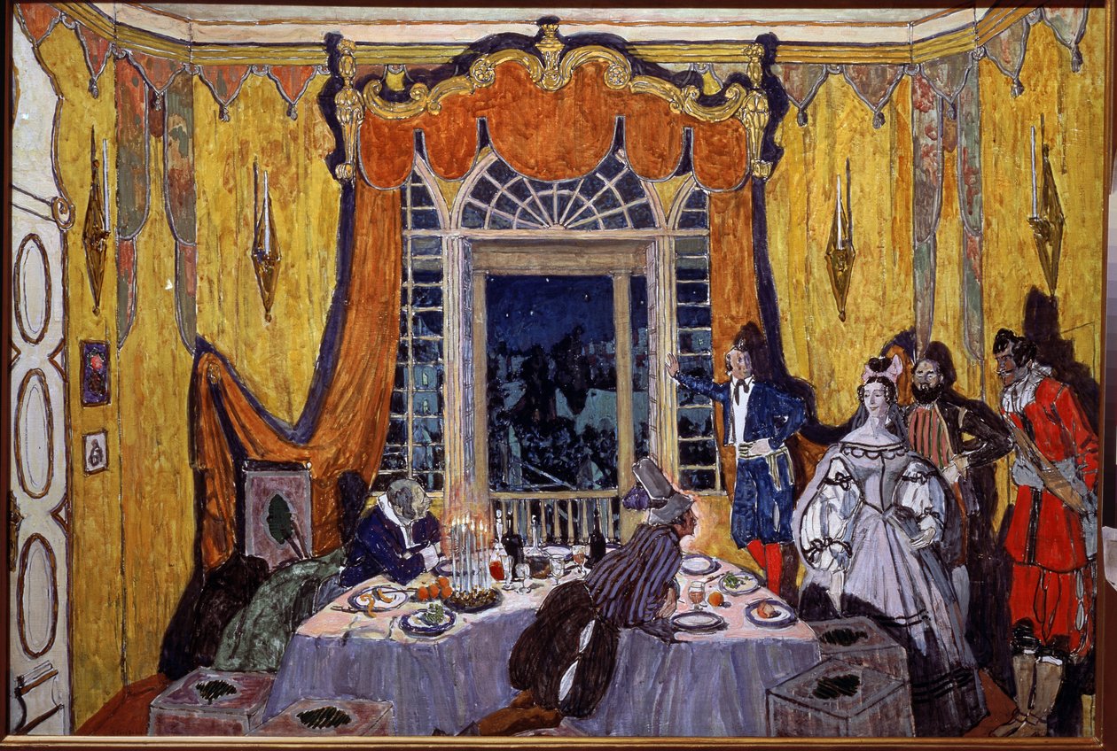 Forberedende dekor for operaen ""Le guest de pierre"" av Alexandre Dargomyjski (1813-1869) (Scenedesign for operaen Steingjesten, av A. Dargomyzhsky). Maleri av Alexander Yakovlevich Golovin (Alexander Golovin) (1863-1930), olje på tre av Aleksandr Jakovlevic Golovin