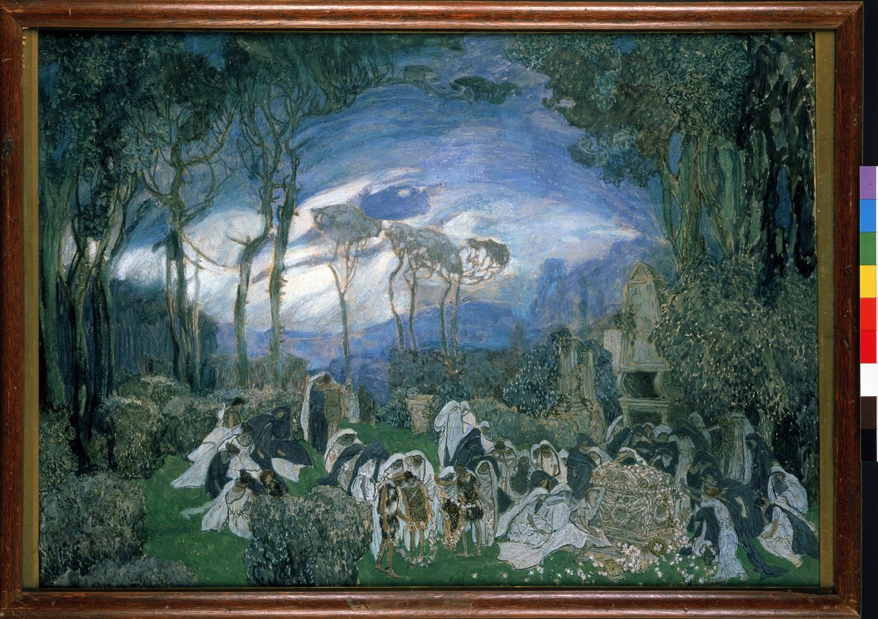 Forberedende dekor for operaen Orpheo et Eurydice, av Christoph Willibald Gluck (1714-1787) (Scenedesign for operaen Orpheo og Euridice av Ch. Gluck). Verk av Alexander Yakovlevich Golovin (Alexandre Golovine) (1863-1930), gouache og pastell på lerret av Aleksandr Jakovlevic Golovin