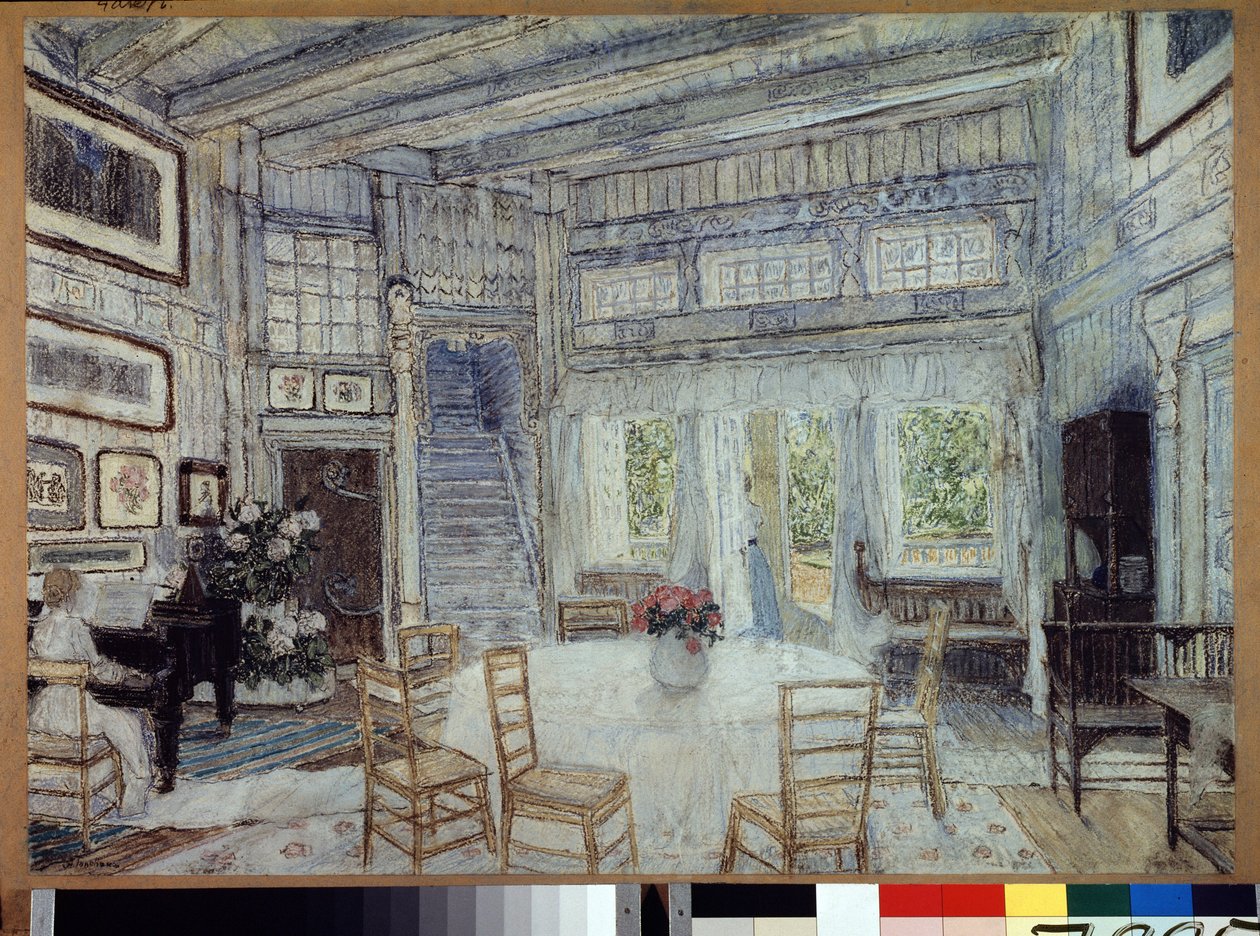Forberedende dekor for operaen The Magic Mirror av Arseny Koreshchenko (1870-1921) (Scenedesign for operaen The Magic Mirror av A. Koreshchenko). Verk av Alexander Yakovlevich Golovin (Alexander Golovin) (1863-1930), gouache på papir av Aleksandr Jakovlevic Golovin