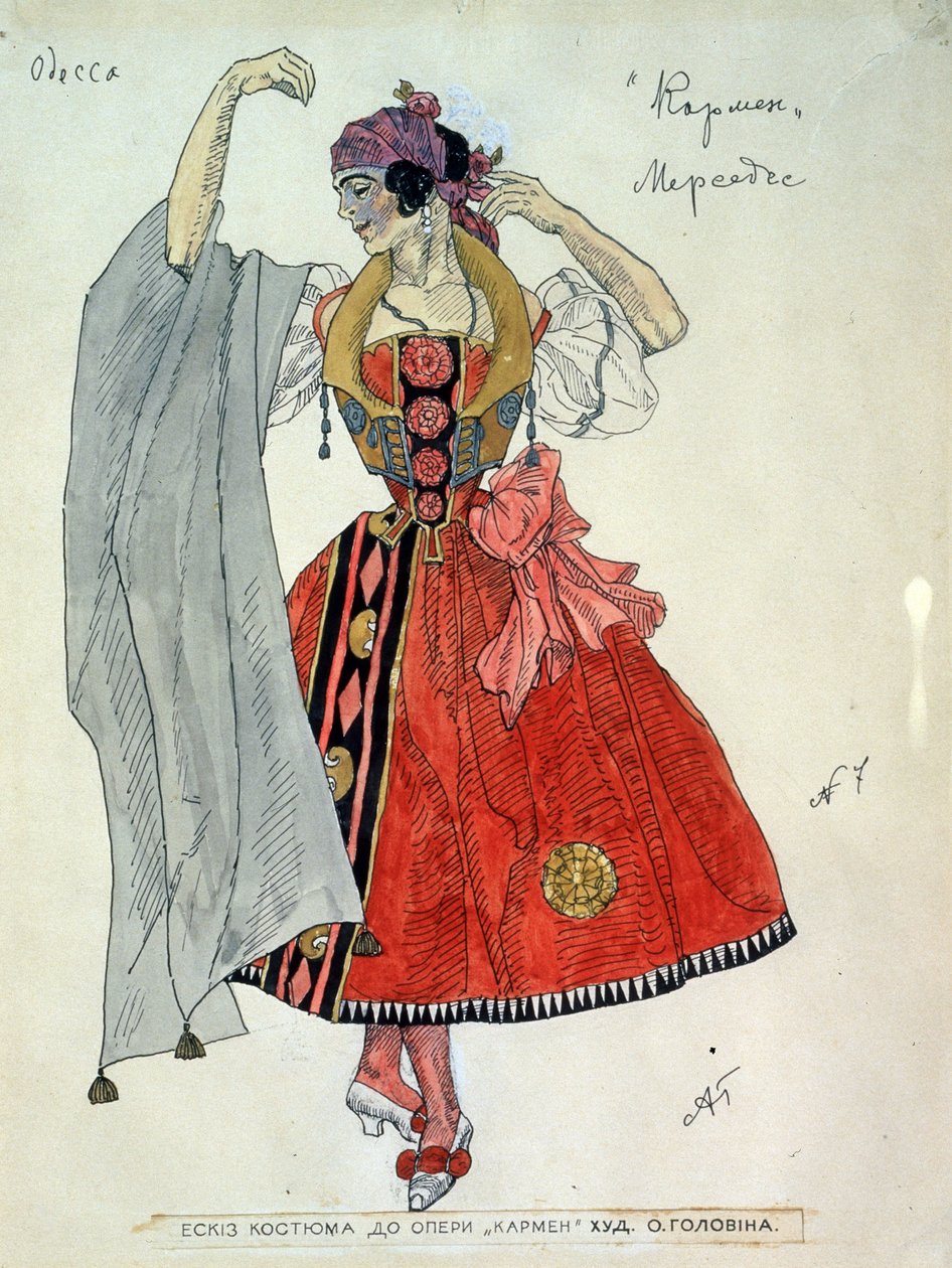 Kostymedesign for operaen Carmen av Georges Bizet (1838-1875) (Kostumedesign for operaen Carmen av G.Bizet). Verk av Alexander Yakovlevich Golovin (Alexander Golovin) (1863-1930), blekk og akvarell på papir av Aleksandr Jakovlevic Golovin