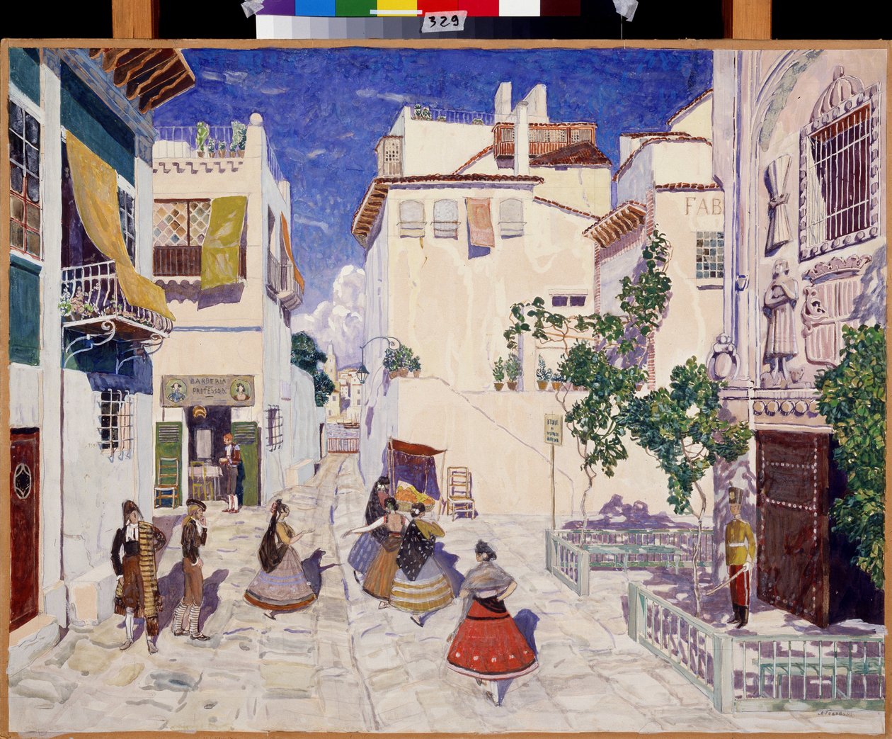 Une rue a Sevilla (Spania), Dekor for operaen Carmen av Georges Bizet (1838-1875) (A Street in Sevilla, Scenedesign for operaen Carmen av G.Bizet). Verk av Alexander Yakovlevich Golovin (Alexander Golovin) (1863-1930), tempera på papir av Aleksandr Jakovlevic Golovin