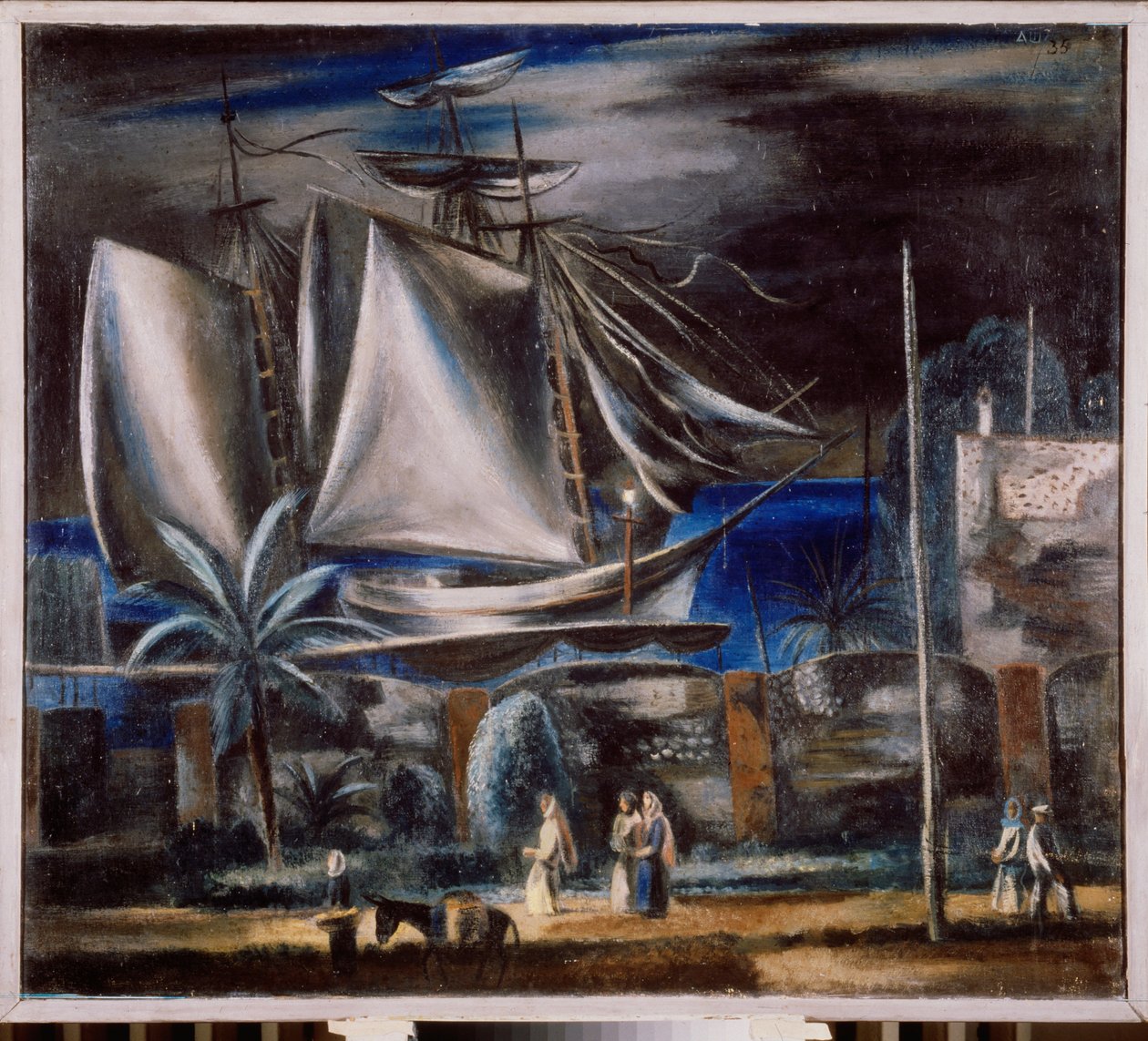 Port marin, la nuit (Et høyt skip fortøyer ved Svartehavet) - Havn om natten - Maleri av Alexander Vasilyevich Shevchenko (Alexander Shevchenko) (1883-1948), olje på lerret av Aleksandr Vasilievich Shevchenko