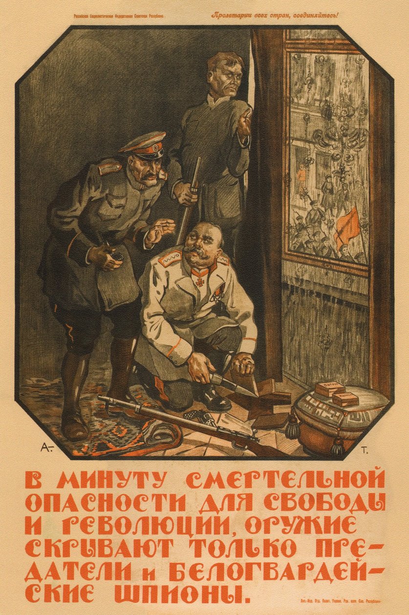 Bare forrædere og White Guard-spioner vil skjule våpenet - Apsit, Alexander Petrovich (1880-1944) - 1919 - Fargelitografi - Det russiske statsbiblioteket, Moskva av Aleksandrs Apsit