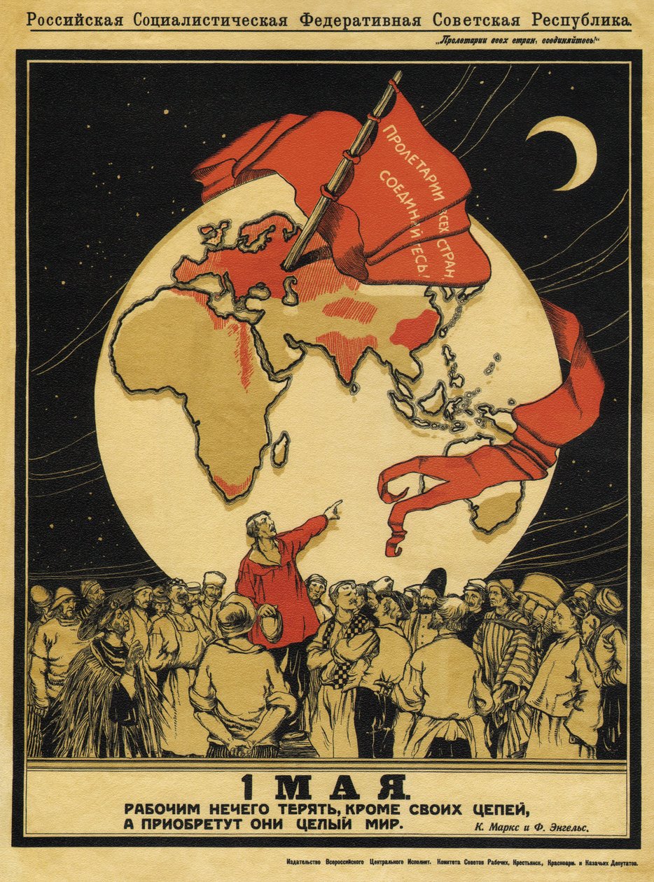 1. mai. Arbeidere har ingenting å tape, men de har hele verden å vinne - Apsit, Alexander Petrovich (1880-1944) - 1919 - Fargelitografi - 95x71 - Russian State Library, Moskva av Aleksandrs Apsit