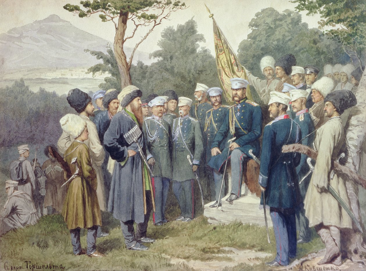Den kaukasiske lederen Shamil (ca. 1798-1871) overga seg til grev Baryatinsky i 1859, 1880 av Aleksei Danilovich Kivshenko
