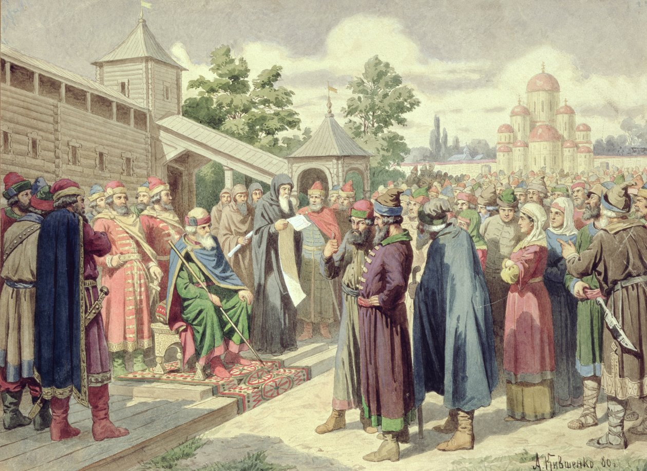 Lesing av koden i nærvær av storhertug Jaroslav av Novgorod, 1880 (wc på lerret) av Aleksei Danilovich Kivshenko