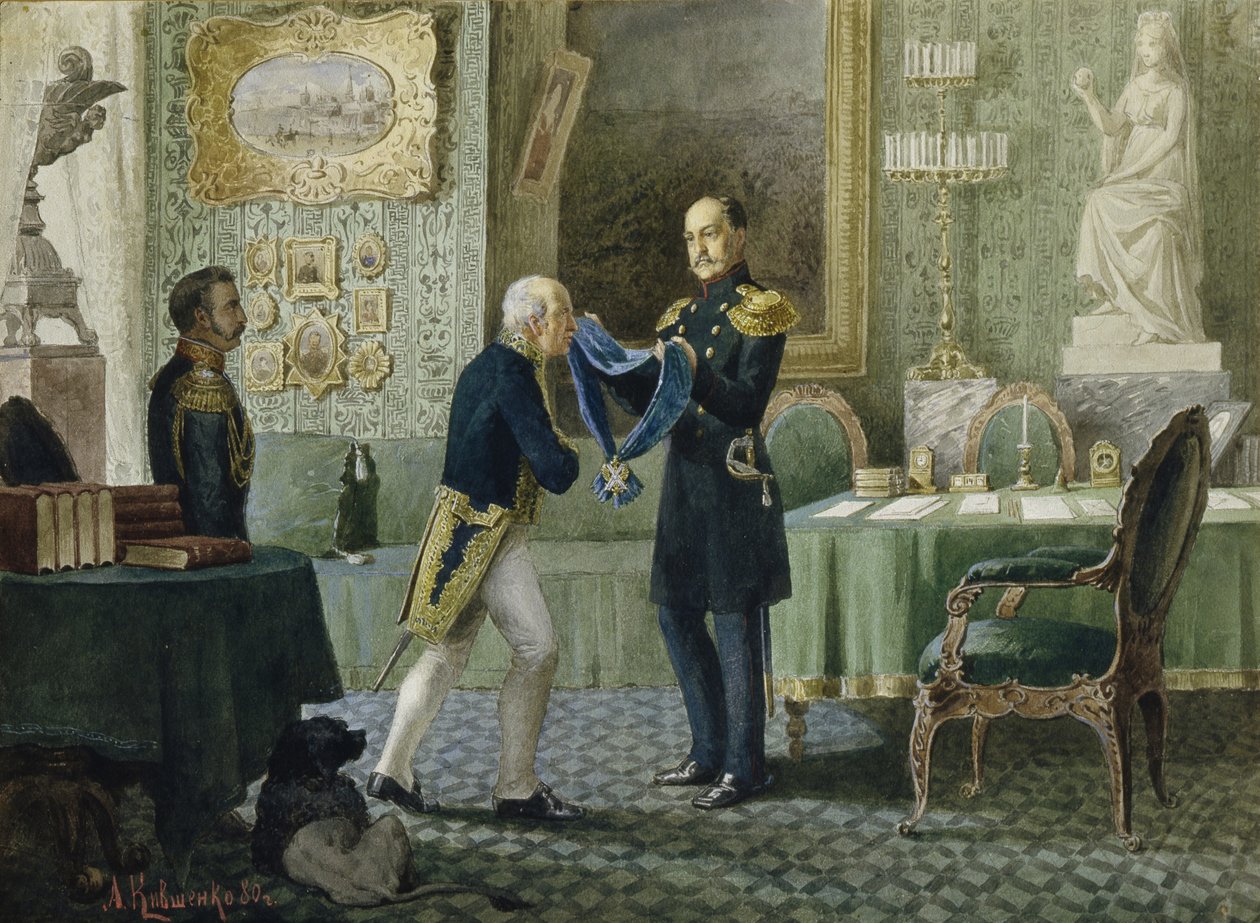 Keiser Nicholas I tildeler det blå båndet av St. Andreasordenen til grev Michail Speransky, 1880 av Aleksei Danilovich Kivshenko