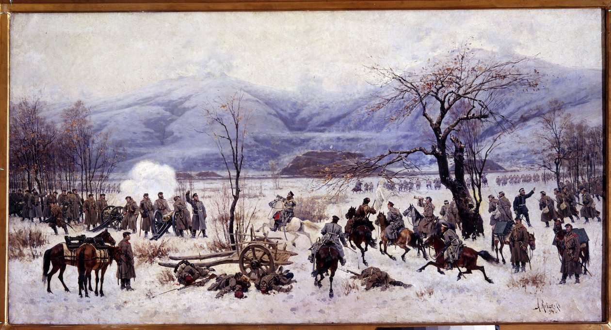 Russisk-tyrkisk (russisk-tyrkisk) krig (1877-1878): Det fjerde slaget ved Shipka-passet i Bulgaria fra 5. til 9. januar 1878 (Det fjerde slaget ved Shipka-passet). Maleri av Alexei Danilovich Kivshenko (1851-1895) av Aleksei Danilovich Kivshenko