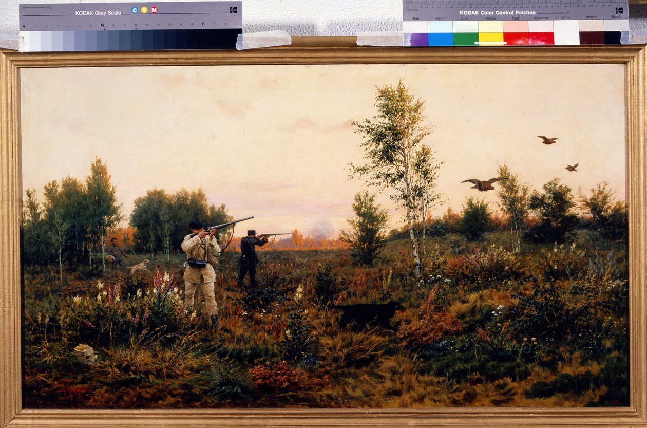 Blackcock-skyting. Jaktscene. Maleri av Alexei Danilovich Kivshenko (1851-1895), olje på lerret av Aleksei Danilovich Kivshenko