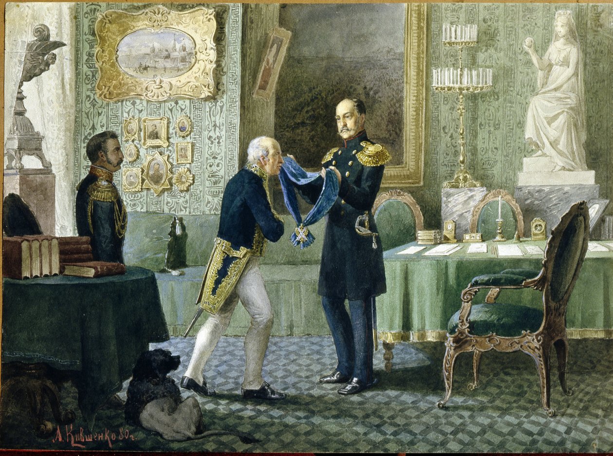 Keiser Nicholas I av Russland (1796-1855) overrekker det blå båndet av Saint Andre-ordenen til grev Mikhail Speranski (1772-1839). (Keiser Nicholas I tildeler The Blue Riband of The Order of St. Andrew To Count Michail Speransky). Verk av Alexei Danilovich av Aleksei Danilovich Kivshenko