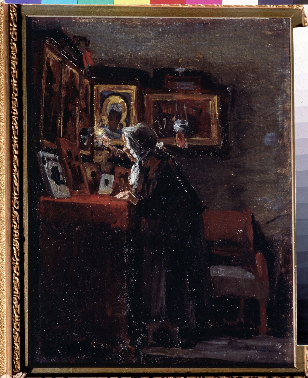 Før en religiøs fest (Før en religiøs fest) - Maleri av Aleksei Fyodorovich Afanasyev (Alexis Afanasyev) (1850-1920) - Olje på lerret, 41 x 31,5 cm av Aleksei Fyodorovich Afanasyev