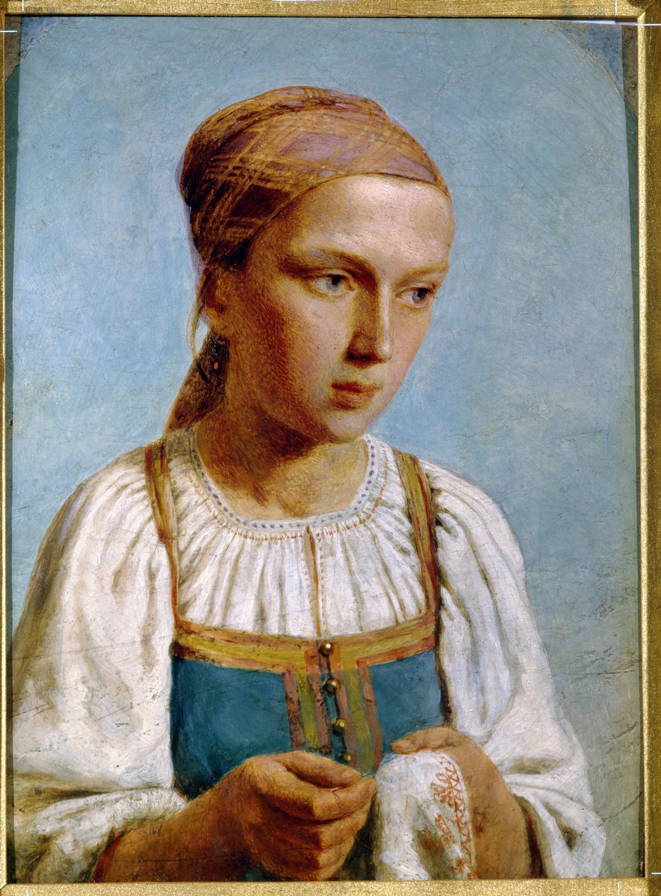 Country broderer. (Broderi Country Girl). Portrett av en ung jente, iført den tradisjonelle russiske kjolen, holder nål og arbeid i hendene. Verk av Alexei (Alexis) Gavrilovich Venetsianov (1780-1847), olje på papp av Aleksei Gavrilovich Venetsianov