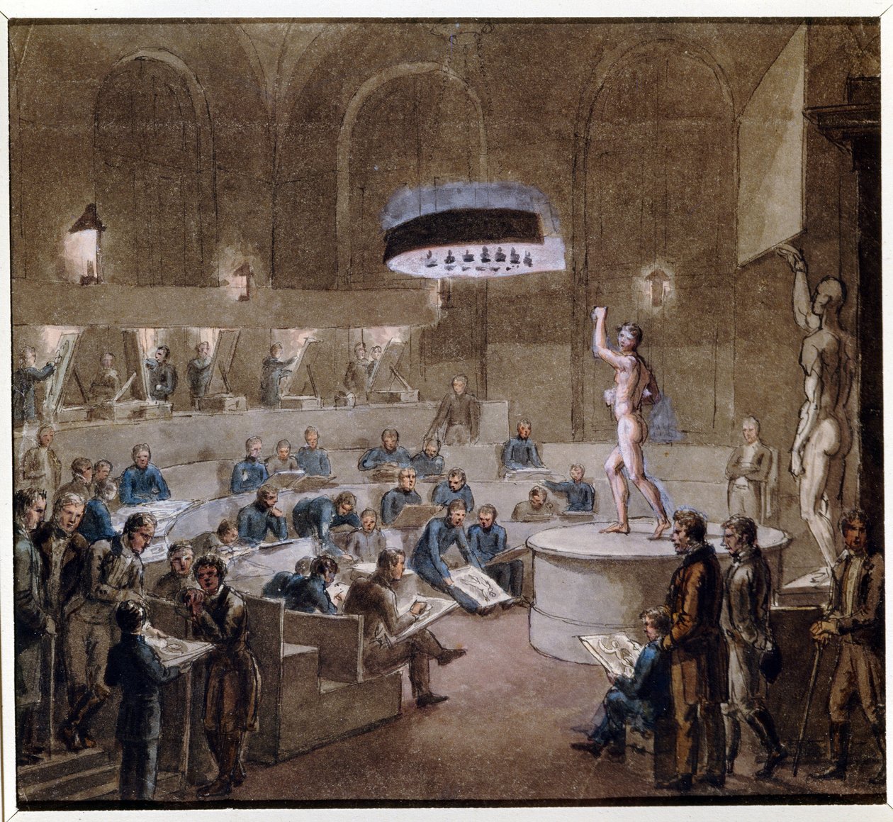 Leksjoner basert på levende modeller ved Kunsthøgskolen (Modelklasse ved Kunsthøgskolen). Verk av Alexei (Alexis) Gavrilovich Venetsianov (1780-1847), akvarell på papir av Aleksei Gavrilovich Venetsianov