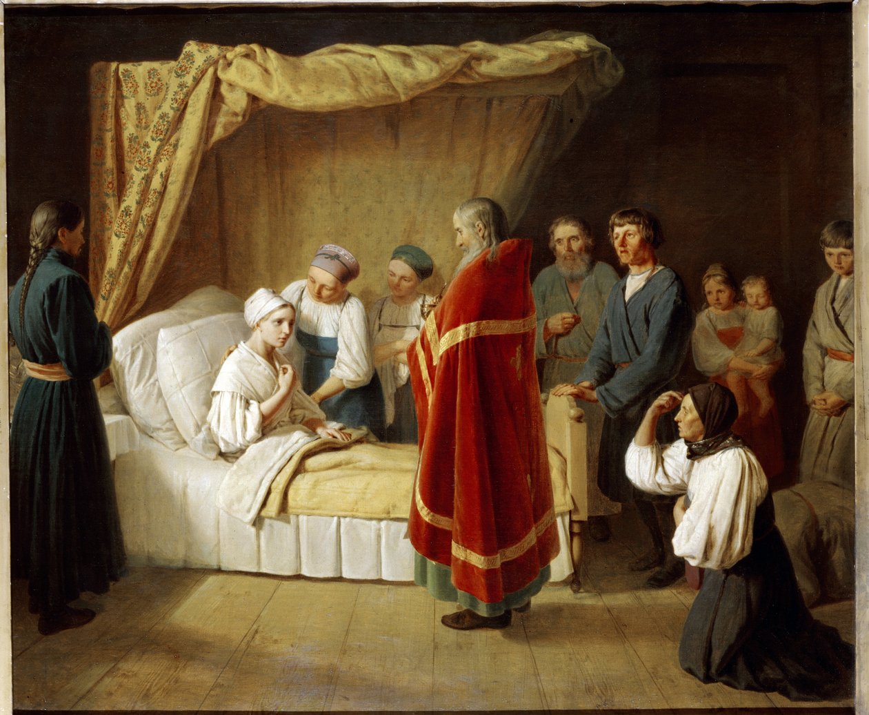 Eukaristien til de døende. En prest fra den ortodokse kirke kommer til sengen til en syk kvinne for å gi henne det liturgiske sakramentet, omgitt av familiemedlemmer. Maleri av Alexei (Alexis) Gavrilovich Venetsianov ( av Aleksei Gavrilovich Venetsianov