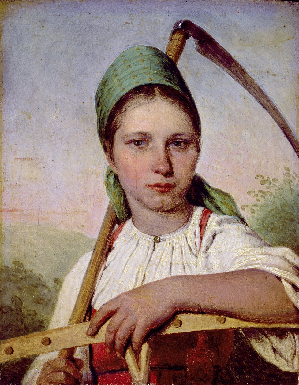 Bondekvinne med ljå og rake, ca. 1825 (olje på panel) av Aleksei Gavrilovich Venetsianov