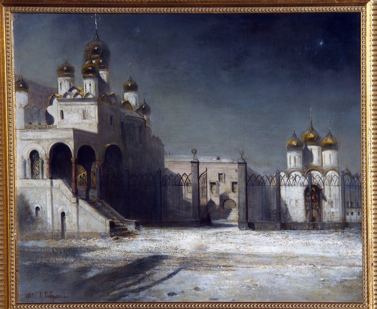 Katedralplassen i Kreml i Moskva om natten. (Katedralplassen i Kreml i Moskva om natten). Maleri av Alexei Kondratyevich Savrasov (Savrasov) (1830-1897), olje på lerret av Alexei Kondratjewitsch Sawrassow