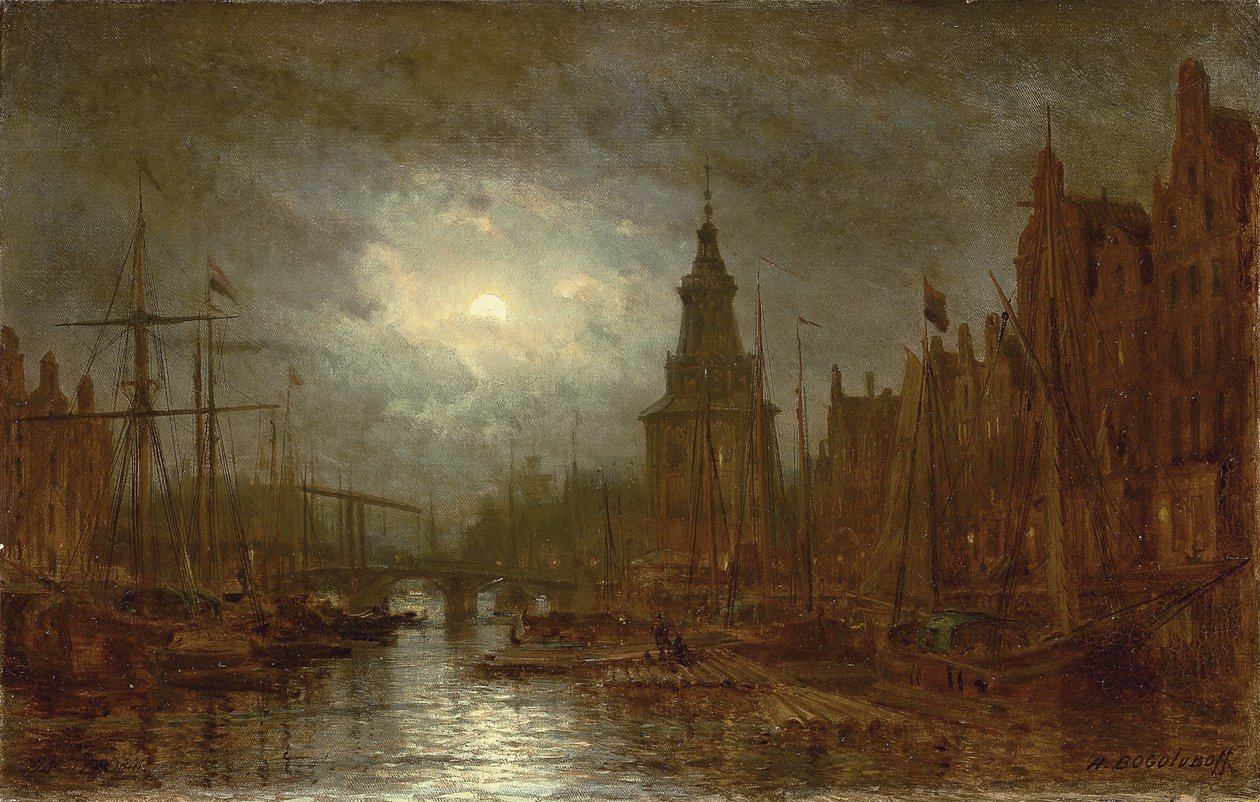 Amsterdam om natten, 1870-tallet av Aleksei Petrovich Bogolyubov