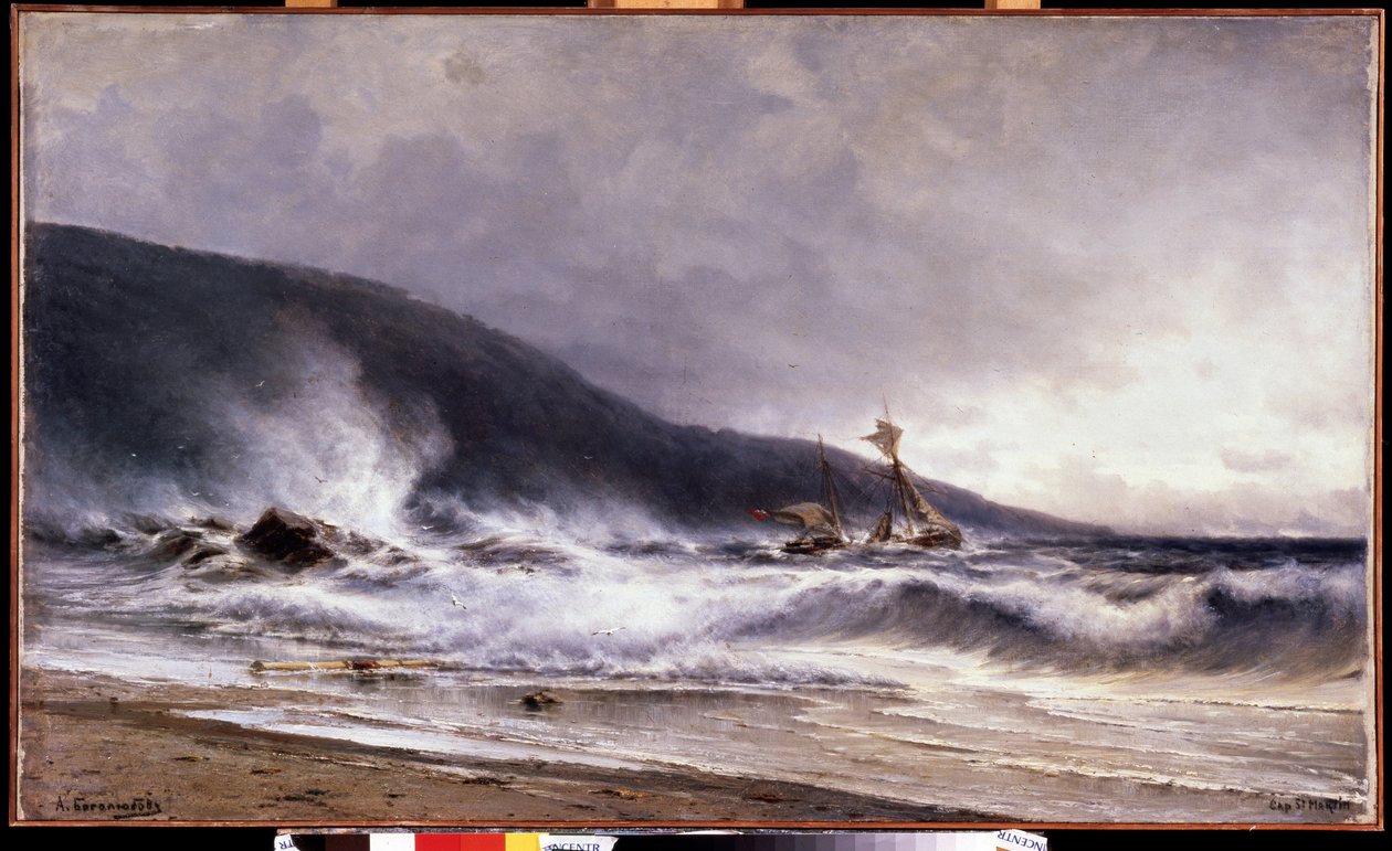 Surf på Cap Martin (Frankrike) (Surf på cap Martin). Maleri av Alexei Petrovich Bogolyubov (Bogoliubov eller Bogolioubov) (1824-1896). Olje på lerret av Aleksei Petrovich Bogolyubov